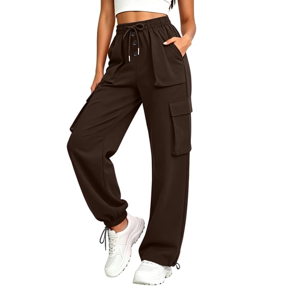 Womens High Waisted Cargo Pants Loose Fit Straight Leg Y2K Parachute Pants with Pockets for Hiking Streetwear Summer Fall,Brown,L