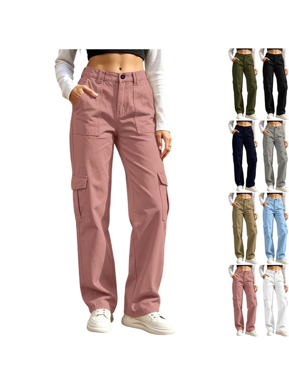 Womens High Waisted Cargo Sweatpants Y2K Straight Leg Casual Streetwear Button Fly Elastic Waist Trousers with Flap Pockets for Fall Outfits, Pink, L