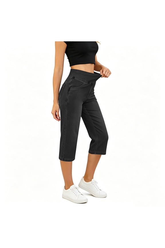 Womens High Waisted Cotton Capris Pants Pull On Baggy Straight Leg Cropped Denim Skinny Pants with Pockets