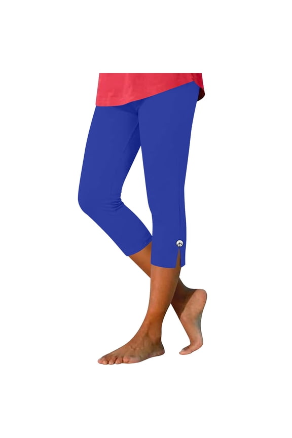 Womens High Waisted Cropped Leggings Yoga Pants Capris Summer Slim Fit Workout Athletic Joggers Side Slit Lounge Clothes Blue
