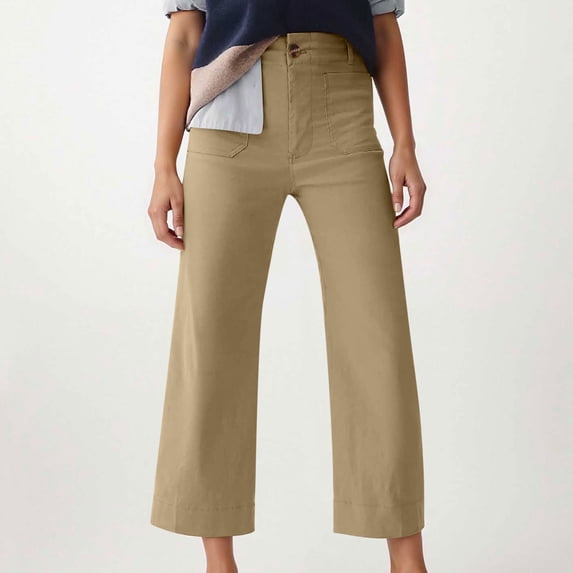 Womens High Waisted Cropped Wide Leg Stretchy Straight Pants Trousers with Pockets