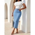 thumbnail image 1 of Womens High Waisted Denim Midi Skirt Medium Wash Straight Fit, 1 of 4