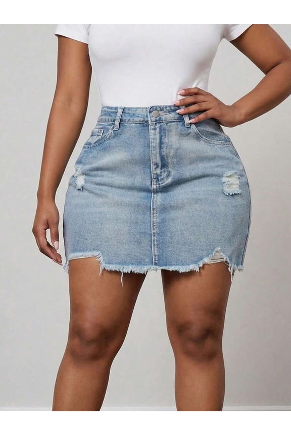 Womens High Waisted Distressed Blue Denim Mini Skirt With Frayed Hem