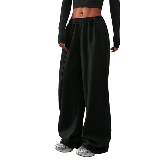 Womens High Waisted Drawstring Waist Wide Leg Sweatpants with Pockets Casual Loose Yoga Pants Black L