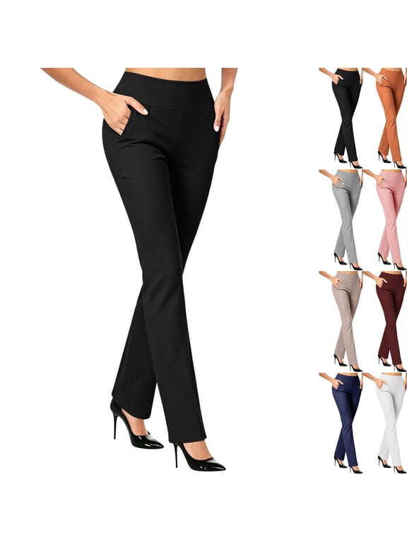 Womens High Waisted Dress Pants Elastic Waist Office Work Trousers,Elastic High Waist Flared Trousers With Side Pockets, Teacher Comfortable Stretch Office Work Pants, Petite Slacks for Women Black,S