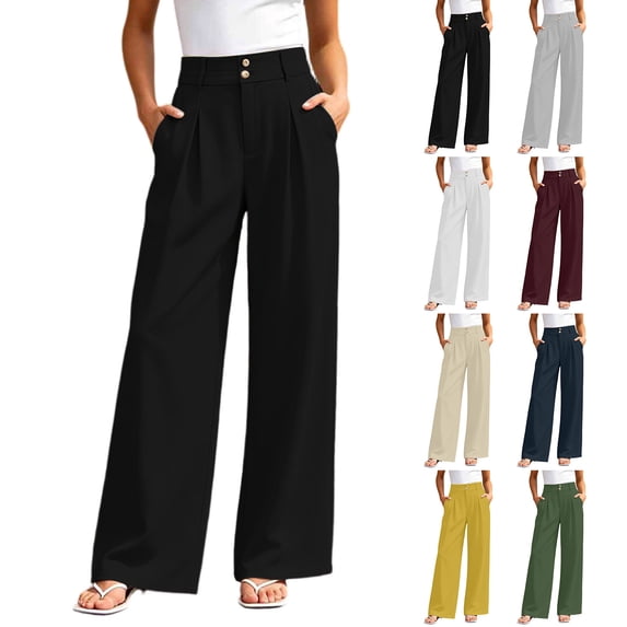 Womens High Waisted Dress Pants Wide Leg Trousers Business Casual Flowy Slacks Front Pleated for Work Office with Pockets,Olive Green,L