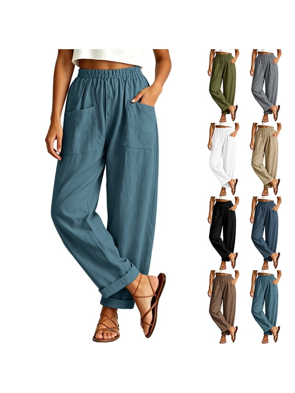 Womens High Waisted Elastic Pant Baggy Wide Leg Harem Trousers with Pockets Comfy Lounge Trouser Daily Outfits