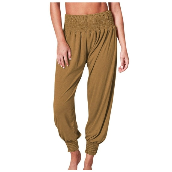 Womens High Waisted Elastic Smocked Harem Pants Solid Color Soft Casual Stretch Yoga Pants Beam Foot Cropped Pants