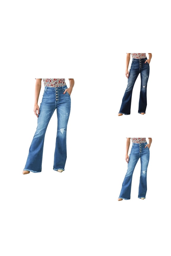 Womens High Waisted Flare Bell Bottom Jeans Stretchy Ripped Blue Denim Trousers with Wide Leg Bootcut Fit