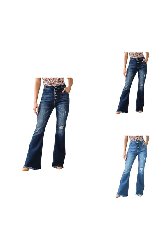 Womens High Waisted Flare Bell Bottom Jeans Stretchy Ripped Blue Denim Trousers with Wide Leg Bootcut Fit