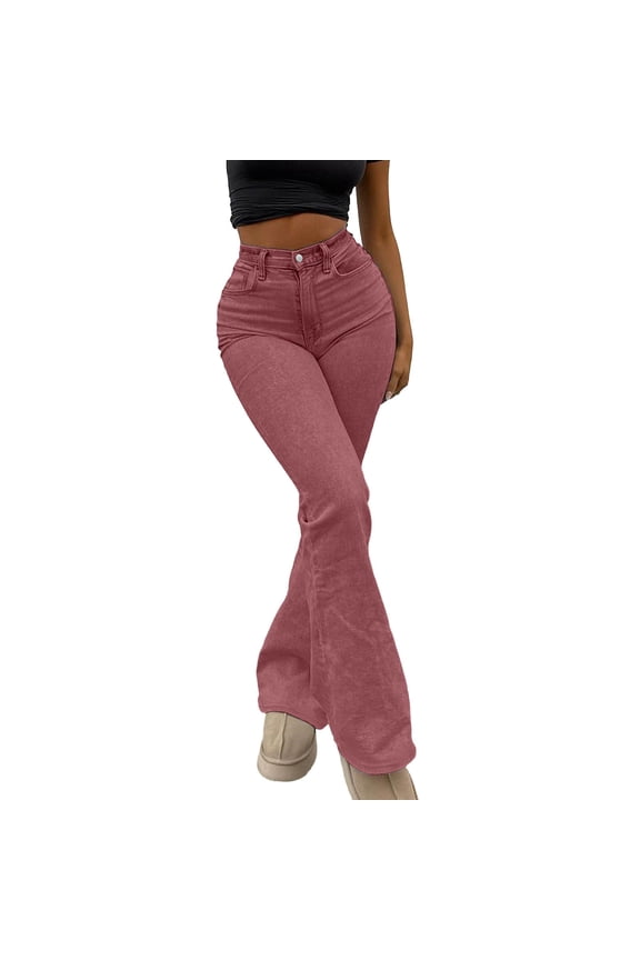Womens High Waisted Flare Jeans Wide Leg Bell Bottoms Stretchy Denim Pants Ripped Destroyed Hem Tummy Control Jeans