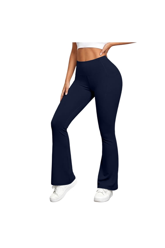 Womens High Waisted Flare Leggings with Pockets, Stretchy Bootcut Yoga Pants Tummy Control, Navy,Size S