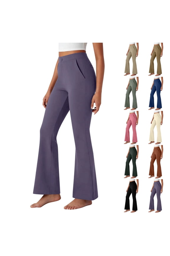 Womens High Waisted Flare Pants Casual Button Down Trousers 2026 Trendy Work Office Pants with Side Pockets Dark Purple S