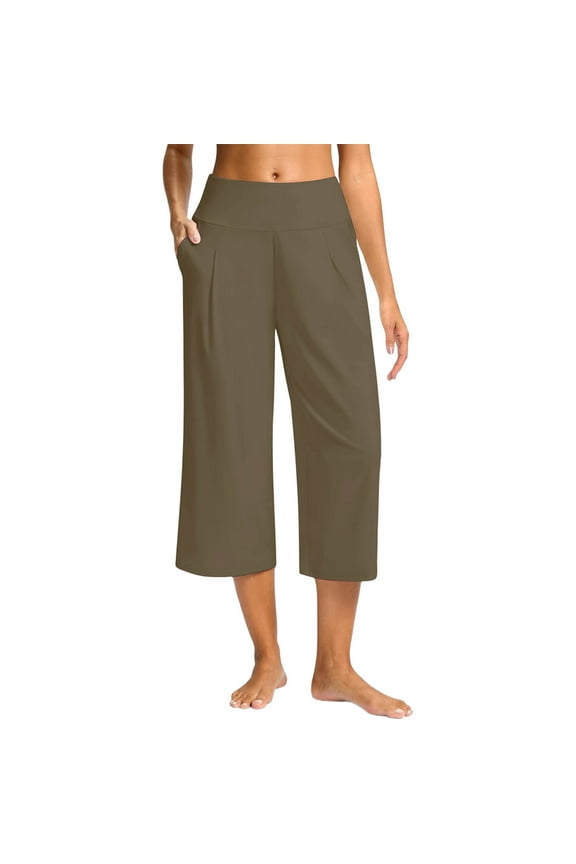 Womens High Waisted Flare Yoga Capris with Side Pockets, 4-Way Stretch Wide Leg Athleisure Lounge Pants, Coffee,Size 2XL