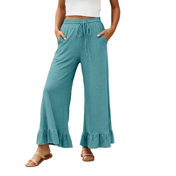 Womens High Waisted Flared Cropped Pants Asymmetric Ruffle Hem Wide Leg Trousers Casual Loose Fit Bottoms