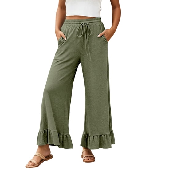 Womens High Waisted Flared Cropped Pants Asymmetric Ruffle Hem Wide Leg Trousers Casual Loose Fit Bottoms
