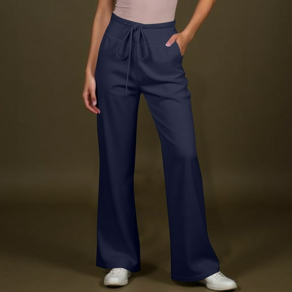 Womens High Waisted Flared Sweatpants Drawstring Casual Lounge Lightweight Wide Leg Pants with Pockets Navy M