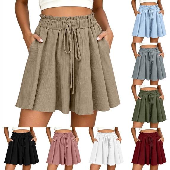 Womens High Waisted Flowy Shorts - Drawstring Elastic Waist Wide Leg Loose Casual Summer Shorts with Pockets Khaki M