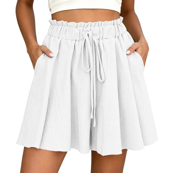 Womens High Waisted Flowy Shorts - Drawstring Elastic Waist Wide Leg Loose Casual Summer Shorts with Pockets White M