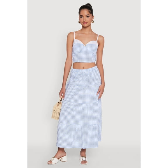 Womens High Waisted Gingham Tiered Skirt