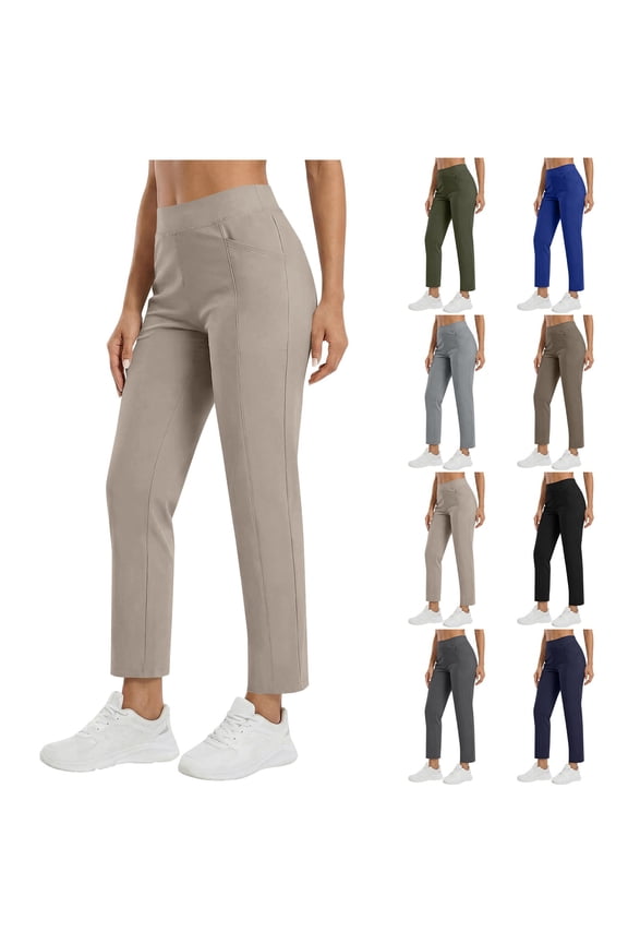 Womens High Waisted Golf Capris 25" Travel Casual Work Dress Pants Stretch Straight Leg Pull On 7/8 Trouser (XL, Beige)