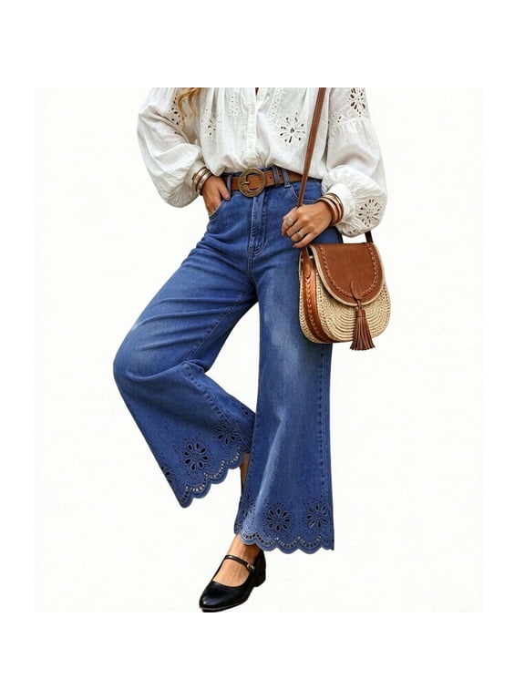 Womens High Waisted Jeans, Stretchy Denim Pants with Pockets, Ankle Length, Scalloped Hem, Loose Fit for Fall Casual Daily Wear