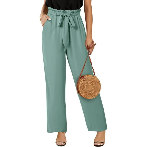Womens High Waisted Leopard Print Palazzo Pants Belted Wide Leg Long Trousers with Pockets