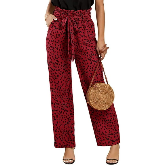 Womens High Waisted Leopard Print Palazzo Pants Belted Wide Leg Long Trousers with Pockets