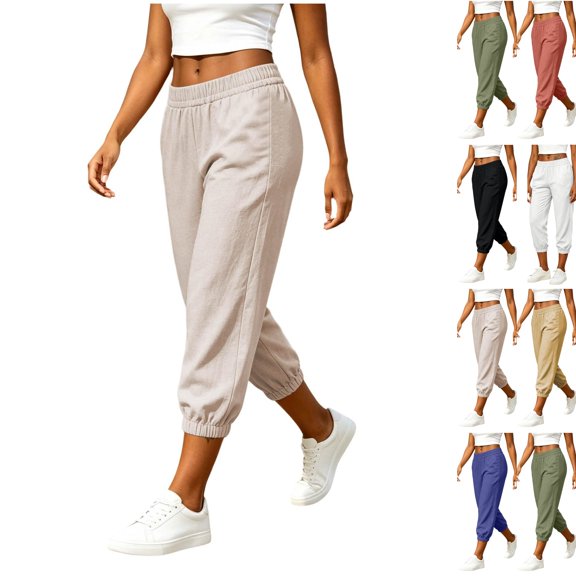 Womens High Waisted Linen Capri Pants Workout Gym Active Baggy Joggers Pants Lounge Loose Athletic Bottoms Sweatpants Khaki L