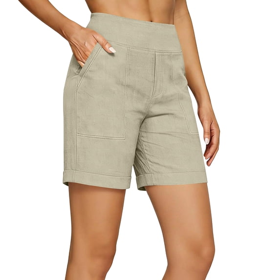Womens High Waisted Linen Shorts Summer Casual Wide Leg Flowy Shorts with Pockets Summer Beach Vacation for Women Khaki M