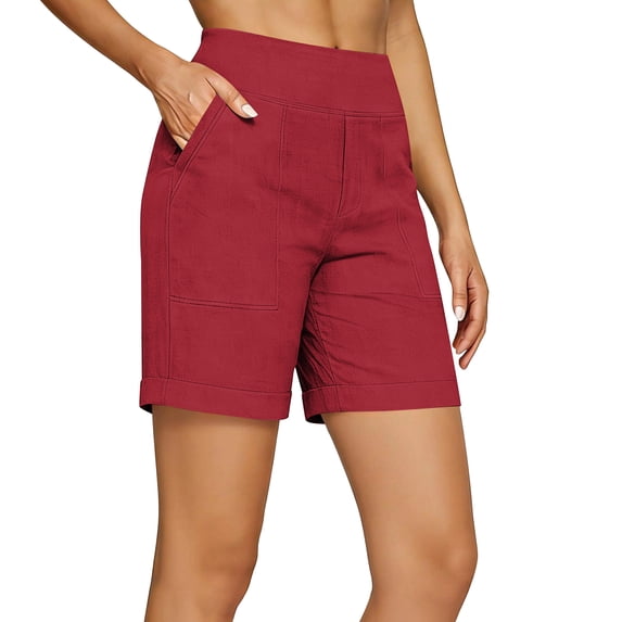 Womens High Waisted Linen Shorts Summer Casual Wide Leg Flowy Shorts with Pockets Summer Beach Vacation for Women Red S