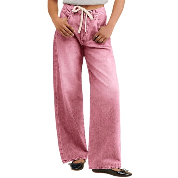 Womens High Waisted Mom Denim Pants with Pockets Baggy Boyfriend Drawstring Wide Leg Jeans