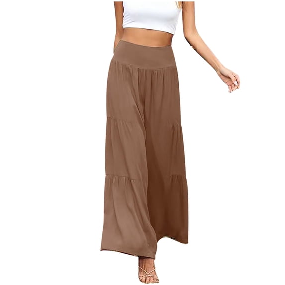 Wide Leg Pants for Women High Waisted Solid Ruffle Cotton Linen Pants Casual Baggy Flowy Summer Lounge Trousers Khaki