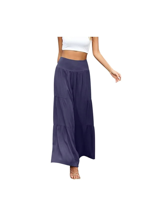 Womens High Waisted Palazzo Pants Solid Color Cotton Linen Wide Leg Pants Boho Beach Tiered Flowy Lounge Trousers