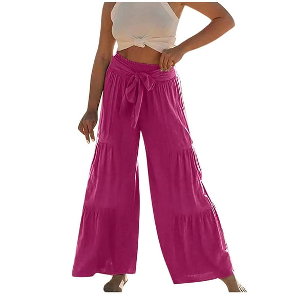 Womens High Waisted Palazzo Pants Solid Front Self Tie Knot Cotton Linen Wide Leg Pants Boho Beach Flowy Trousers