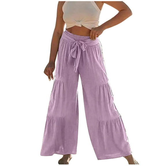 Womens High Waisted Palazzo Pants Solid Front Self Tie Knot Cotton Linen Wide Leg Pants Boho Beach Flowy Trousers