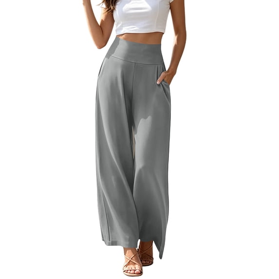 Womens High Waisted Palazzo Pants Wide Leg Casual Summer Trousers Flowy Pull On Slacks for Work Office Business with Pockets,Gray,XXL