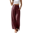 thumbnail image 1 of Womens High Waisted Palazzo Pants Wide Leg Casual Summer Trousers Flowy Pull On Slacks for Work Office Business with Pockets,Wine,XL, 1 of 9