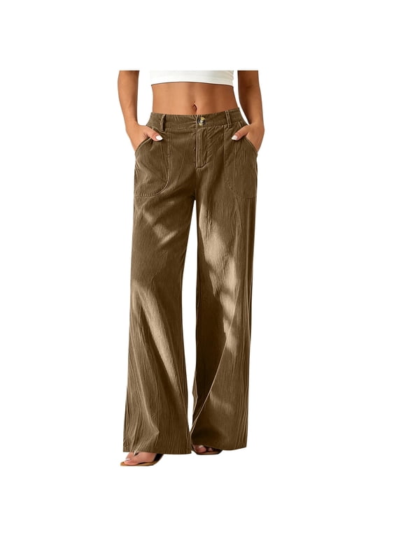 Womens High Waisted Pants Corduroy Fall Winter Wide Leg Pant with Pocket Belt Loops Zip Fly Trousers Brown L