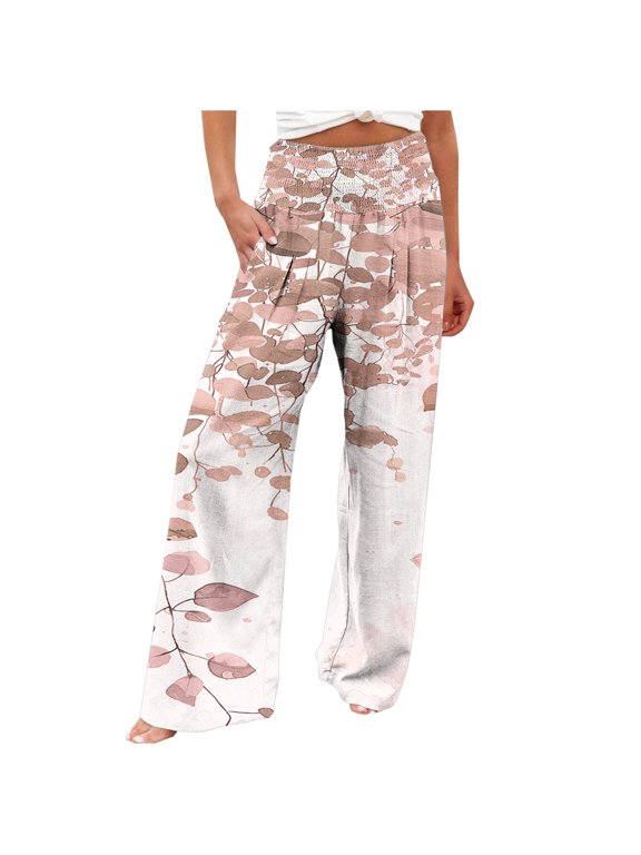Womens High Waisted Pants Wide Leg Lounge Pants Breathable Straight Fit Pants Trendy Floral Pattern Floral Print Beach Pant with Pockets Elastic Waist Linen Trousers