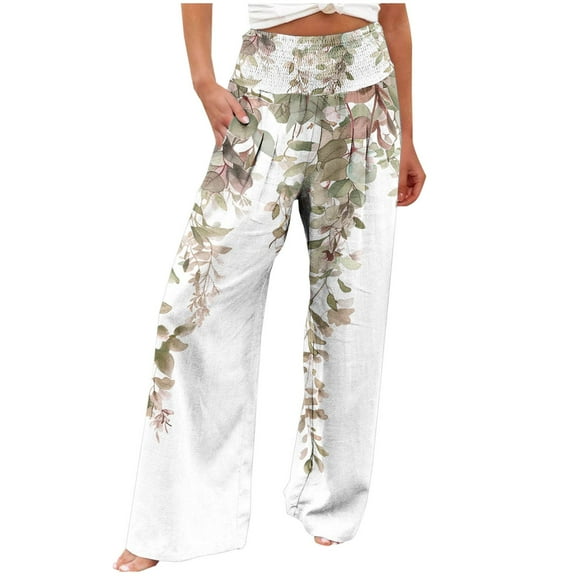 Womens High Waisted Pants Wide Leg Lounge Pants Breathable Straight Fit Pants Trendy Floral Pattern Floral Print Beach Pant with Pockets Elastic Waist Linen Trousers