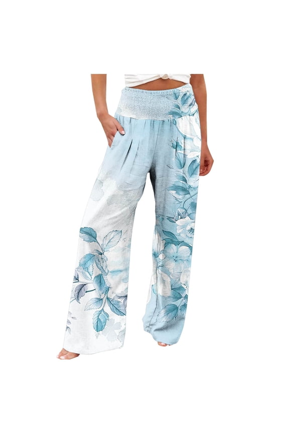 Womens High Waisted Pants Wide Leg Lounge Pants Breathable Straight Fit Pants Trendy Floral Pattern Floral Print Beach Pant with Pockets Elastic Waist Linen Trousers