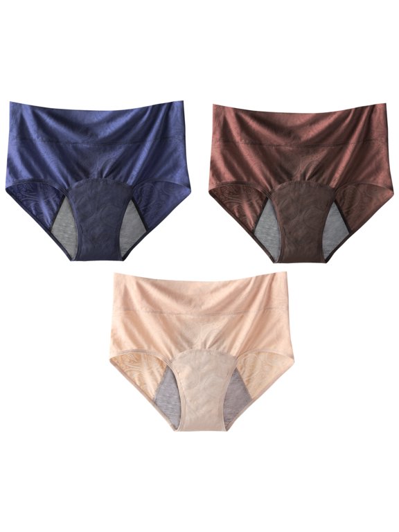 Womens High Waisted Period Panties 3 Pack Breathable Underwear 3 Layer Absorbent Briefs Mesh Stretch