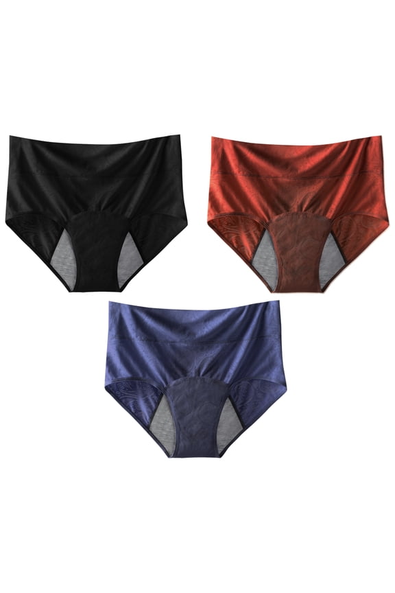 Womens High Waisted Period Panties 3 Pack Breathable Underwear 3 Layer Absorbent Briefs Mesh Stretch