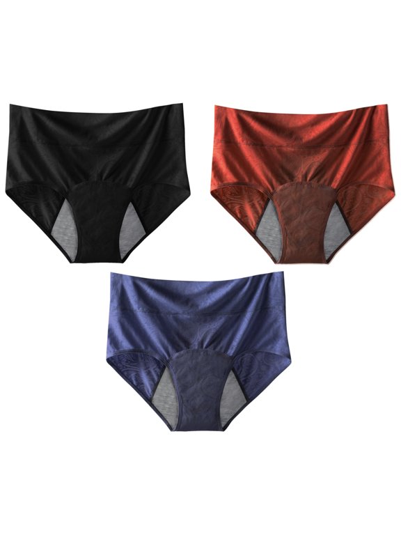 Womens High Waisted Period Panties 3 Pack Breathable Underwear 3 Layer Absorbent Briefs Mesh Stretch