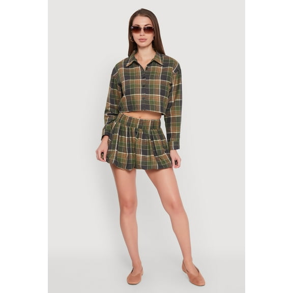 Womens High Waisted Plaid Flannel Mini Skater Skirt