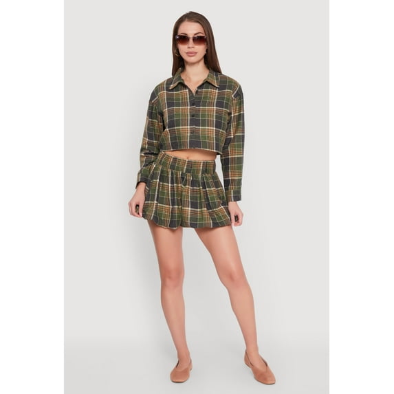 Womens High Waisted Plaid Flannel Mini Skater Skirt