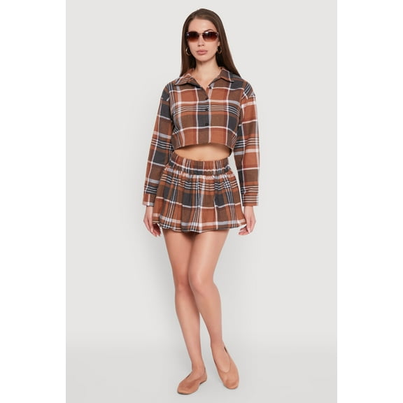 Womens High Waisted Plaid Flannel Mini Skater Skirt