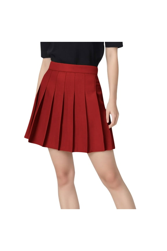 Womens High Waisted Pleated Tennis Skirt School A-Line Skater Skirts with Lining Shorts Red M