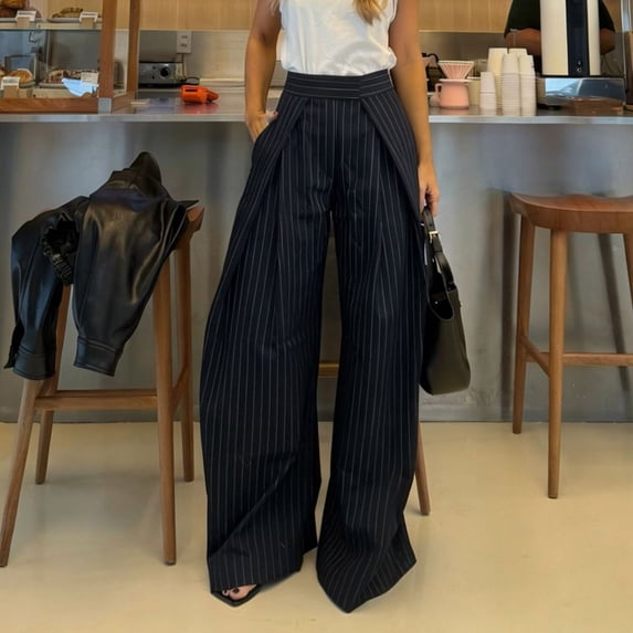 Womens High Waisted Pleated Wide Leg Pants With Pockets Casual Stripe